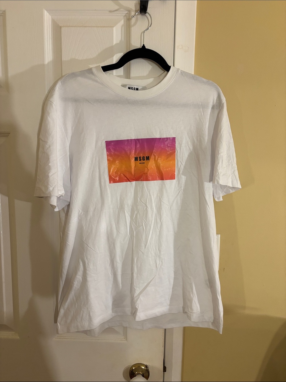 MSGM White Short Sleeve Tee with Pink-Orange Gradient Logo